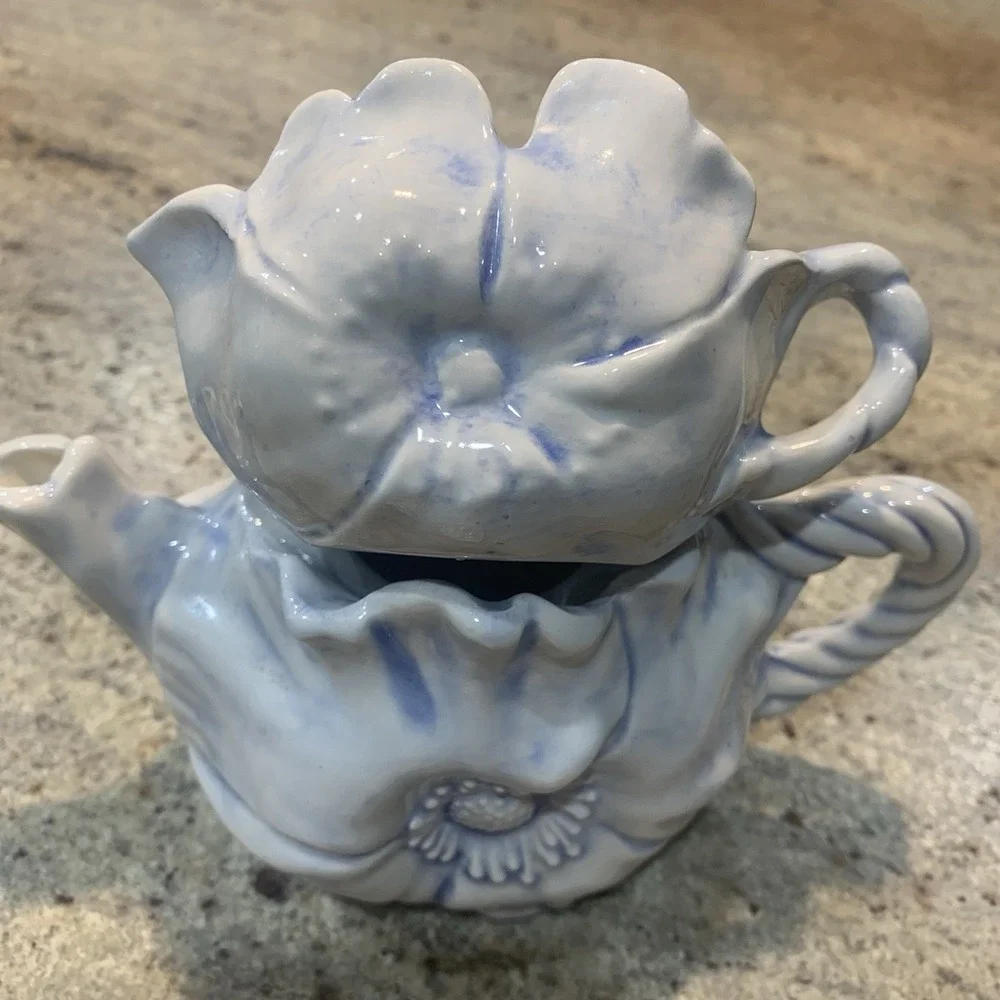 Vintage Tea Pot‎ Crafts Porcelain blue Poppy Flower Teapot set.